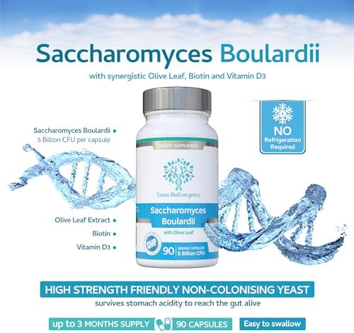 Swiss BioEnergetics Saccharomyces Boulardii 5 Billion CFU 90 Capsules - No Refrigeration Required - High Strength Non-Colonising Yeast with synergistic Olive Leaf, Biotin and Vitamin D3