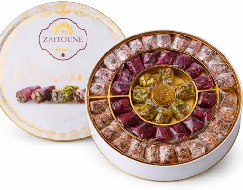 Zaitoune Turkish Delight Mix - 22 oz | Luxury Coatings of Pomegranate, Pistachio, Coconut, Kataifi & Rose | Authentic Lokum Sweet Assortment in a Beautiful Gift Tin | Handmade & Individually Wrapped
