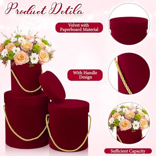 Uiifan 6 Pcs Velvet Round Flower Box with Lids Velvet Nesting Gifts Box with Handle for Mother's Day Wedding Holiday Luxury Flower Gift Arrangement Bridesmaid Birthday Party Favor(Red)