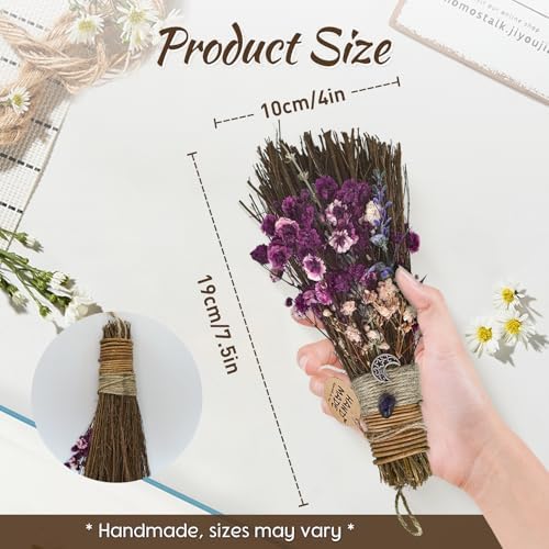 Cinnamon Broom 7.5 Inch Witch Broom for Altar Magic Crystal Handmade Mini Cinnamon Broomstick Scented Natural Herbal Protection Witchcraft Supplies for Wiccan Décor Witchy Gifts (Purple)