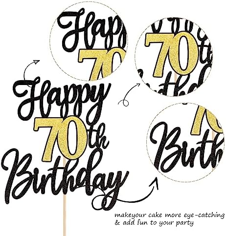 1 PCS Happy 70th Birthday Cake Topper Black Gold Glitter Cheers to 70 Years Birthday Cake Pick 70 Fabulous Cake Decoration for Happy 70th Birthday Anniversary Party Decorations Supplies