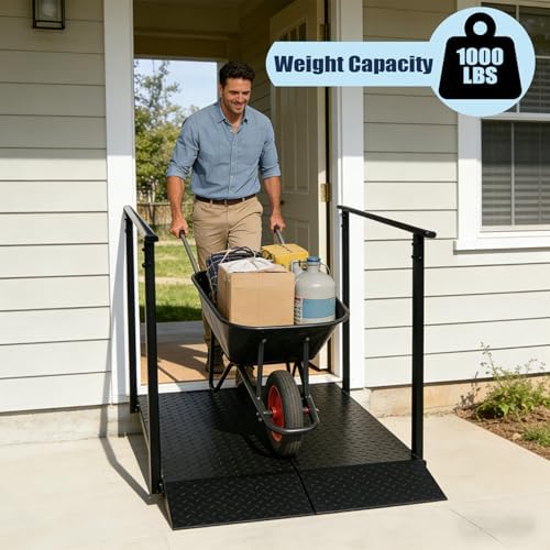 45" Wheelchair Ramp with Handrails for 5-7" Rise, Non-Slip Iron Handicap Ramps for Steps, Threshold Ramp for Home Entry Stairs Curbs, Heavy Duty Ramp 1000 Lbs Capacity (Black)