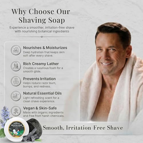 Satthwa Organic Shaving Soap Puck infused with Charcoal & Lavender | Create the Perfect Lather | Excellent for Silky Smooth Shaves | Cleansing & Nourishing, 50g (1.7oz)
