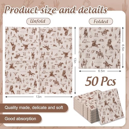 JarThenaAMCS Western Cowboy Paper Napkin Brown Wild West Rodeo Disposable Luncheon Napkins Dessert Dinner Hand Napkin For Birthday Baby Shower, 50Pcs