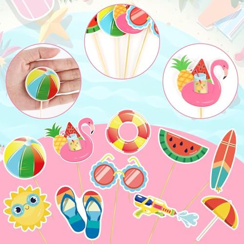 100 Pcs Summer Beach Cupcake Toppers for Kids Tropical Beach Pool Swimming Hawaii Theme Cake Insert Decorations for Summer Birthday Baby Shower Wedding Party Supplies