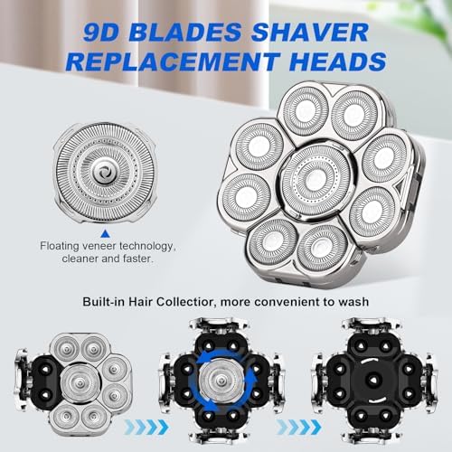 9 Blades Head Shaver Men's Electric 9D Shaver Replacement Heads Universal Replacement Blade Head Electric Razor for Men,2 Pack