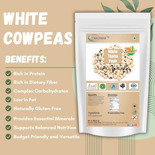 Neotea White Thatta Payir/Karamani Payir/Cow Peas, 250 GM | White Cowpeas | White Black-Eyed Peas | All Natural | Vegan | Kosher | Gluten Friendly | 8.81 OZ