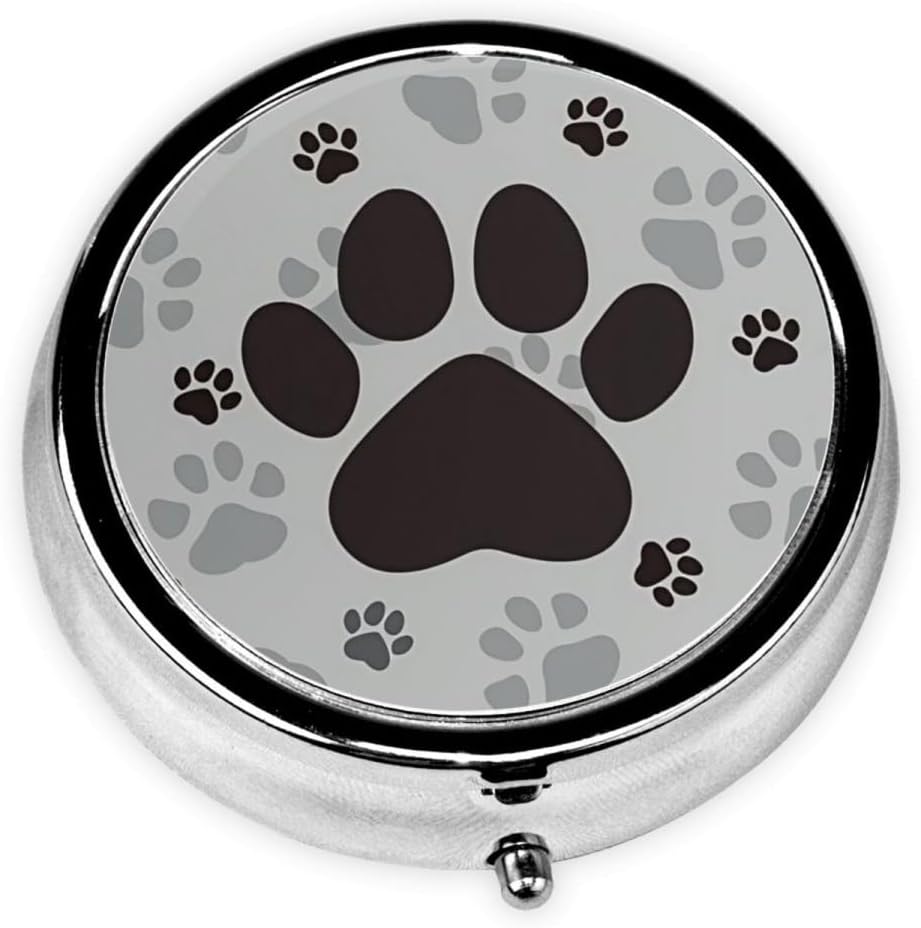 Pill Box 3 Compartment Pocket Small Pill Organizer Mini Metal Pill Holder Travel Portable for Man Woman Old People and Children - Dog Footprints