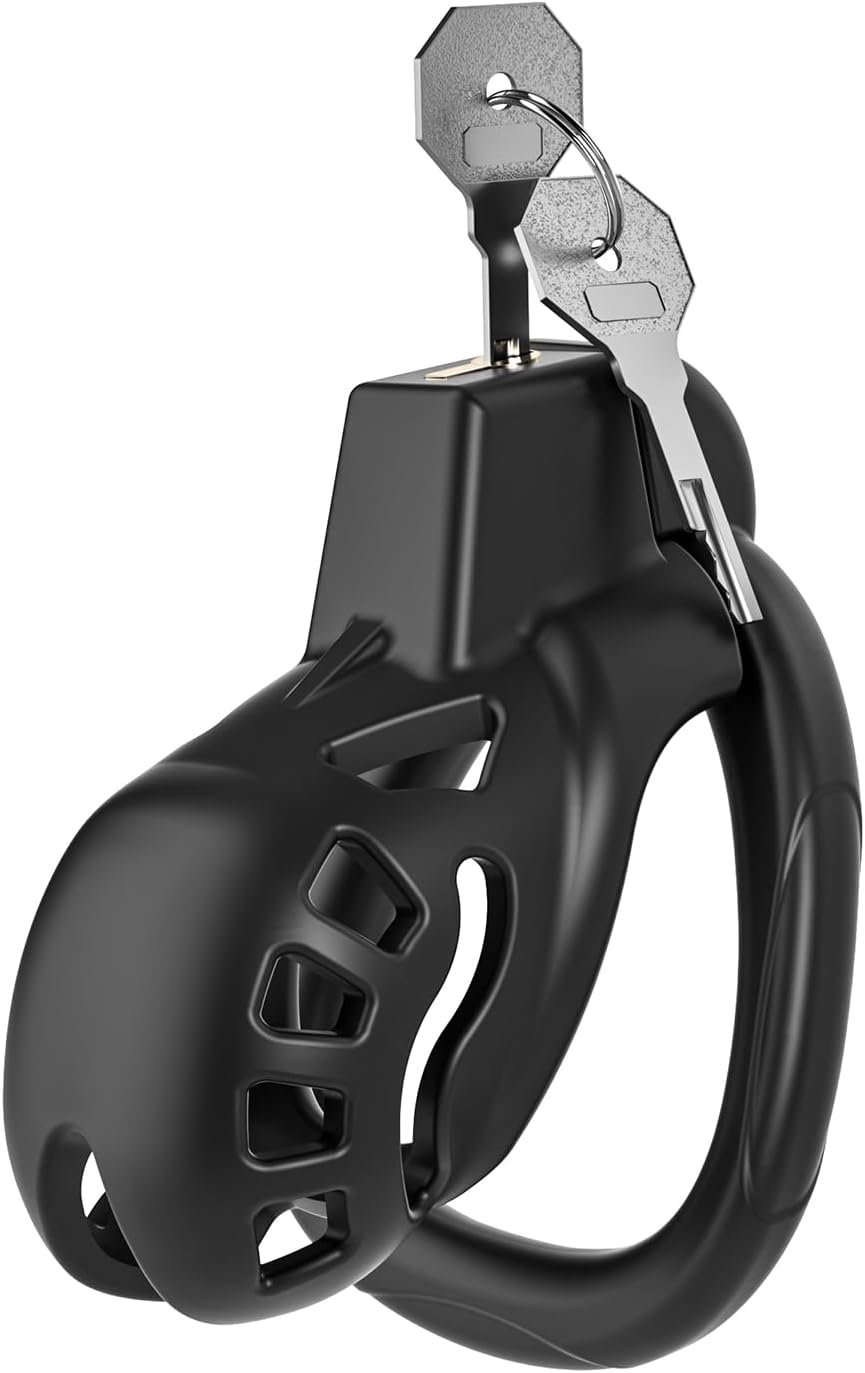 Male Chastity Cage with 5 Size Rings, Lightweight Breathable Chastity Device with Invisible Lock, Comfortable Fit with Ventilated Design & Urination Hole (S,Black)