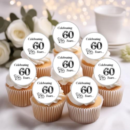Diamond Wedding Anniversary Edible Cupcake Toppers, 60th Anniversary Decorations, Edible Cake Decorations for Parties & Celebrations, 24 x 4cm/1.5 Inch Wafer Card Discs