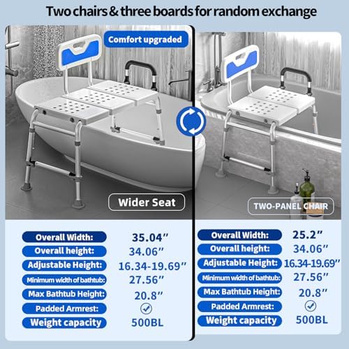 Heavy Duty Width Adjustable Bath Tub Transfer Shower Bench for Inside Tub Extended Shower Chair with Adjustable Height and Reversible Backrest Handicap Shower Chair Seat for Elderly and Disabled