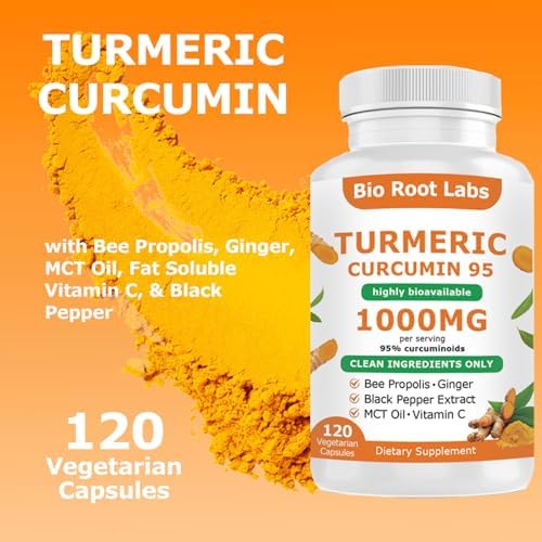 1PCSBio Root Labs Turmeric Curcumin Supplement, Turmeric Curcumin 1,000mg – 95% Curcuminoids with Black Pepper & Ginger,Fat Soluble Vitamin C,Enhanced Absorption,120 Capsules (1PCS)