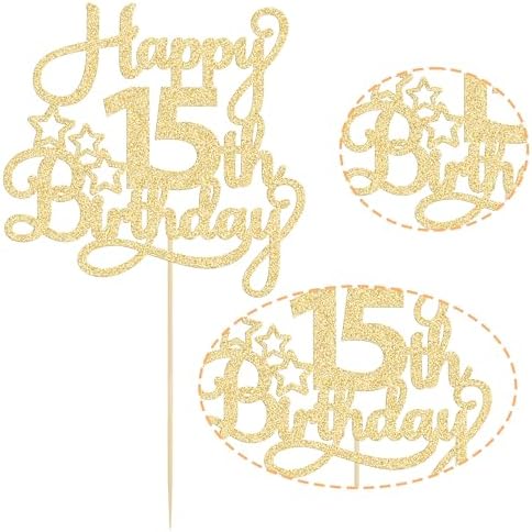 1 Pack Happy 15th Birthday Cake Topper Gold Glitter Mis Quince 15 Cheers to 15 Years Old Cake Pick for Celebrating 15th Birthday Anniversary Party Cake Decorations Supplies