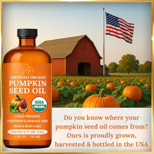 Pumpkin Seed Oil – USDA Organic, Cold-Pressed & 100% Pure, Unrefined, Pumpkin Oil for Hair Growth, Dry Skin & Face – Natural Anti-Aging Moisturizer & Hair Oil for Dry, Damaged Hair – Glass Bottle