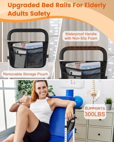 Bed Rails for Elderly Adults Safety - Adjustable Bed Assist Rail for Seniors - Stable Beds Side Rails with Storage Bag & Fixing Strap, Fit King Queen Full Twin