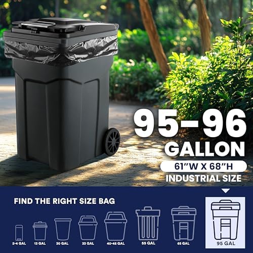 Plasticplace 95-96 Gallon Garbage Can Liners │ 2 Mil │ Black Heavy Duty Trash Bags │ 61” x 68”, 25 Count