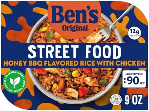 BEN'S ORIGINAL Street Food Honey BBQ Flavored Rice with Chicken, Prepared Entrée, Microwavable Heat-&-Eat Bowl in 90 Seconds, 9 oz (Pack of 6)
