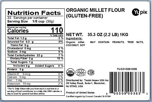 Yupik Organic Millet Flour, 2.2 lb (35.2 oz), Gluten-Free, Non-GMO, Kosher, Vegan, Raw, Salt-Free, Plant-Based Protein, Source of Fiber & Iron, Ideal for Baking & Cooking