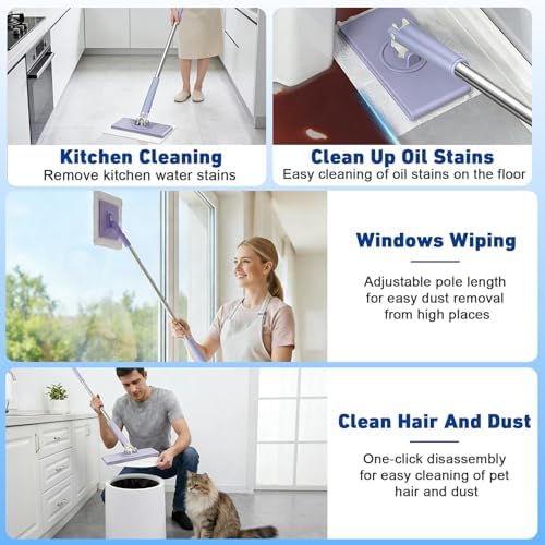 Snap Grip Mini Mop,Cloth Changing Mini Mop,35inch Long Handle Mopping Stick,360° Swivel Head,Dry and Wet Use,Ideal for Tight Corners,Tile,and Hardwood(Purple,6 Cloth)