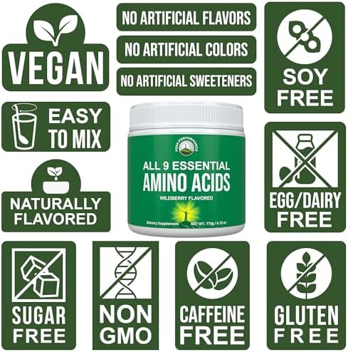 All 9 Essential Amino Acids Powder. Pre + During + Post Workout with EAAs + BCAAs for Energy, Muscle Growth, and Recovery. Non-GMO BCAA and EAA Powders for Men + Women. 3rd Party Tested. Wildberry