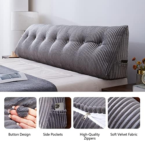 SLIGUY Large Headboard Pillow, Headboard Wedge Pillow Bed Rest Reading Pillow Bolster Triangular for Sitting in Bed-Backrest Positioning Support Long Pillow for Daybed (Queen:59x8x20 Inches,Grey)