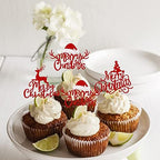 Rsstarxi 24 Pack Merry Christmas Cupcake Toppers Glitter Xmas Tree Santa Hat Deer Cupcake Picks Decoration for Winter Christmas Theme Xmas Holiday Birthday Party Supplies Red