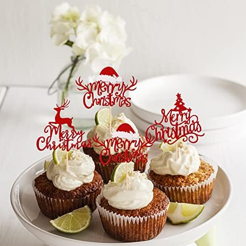 Rsstarxi 24 Pack Merry Christmas Cupcake Toppers Glitter Xmas Tree Santa Hat Deer Cupcake Picks Decoration for Winter Christmas Theme Xmas Holiday Birthday Party Supplies Red