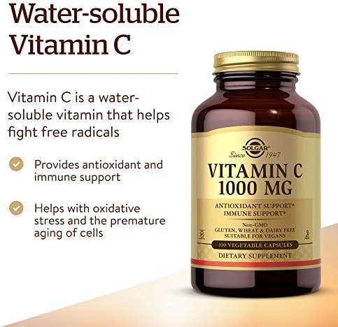 Solgar Vitamin C 1000 mg, 100 Vegetable Capsules - Antioxidant & Immune Support - Overall Health - Healthy Skin & Joints - Bioflavonoids Supplement - Non-GMO, Vegan, Gluten Free, Kosher - 100 Servings