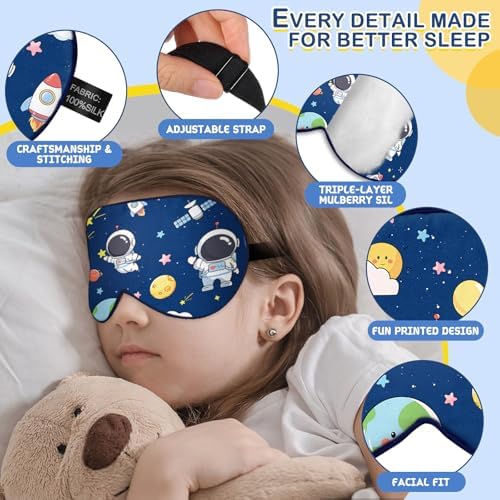 Kids Silk Sleep Mask: 100% Mulberry Silk Eye Mask with Adjustable Strap, Cute Sleeping Blindfold for Boys Girls Teens, Soft & Lightweight Eye Shade for Travel, Nap, Bedtime (Space Style)