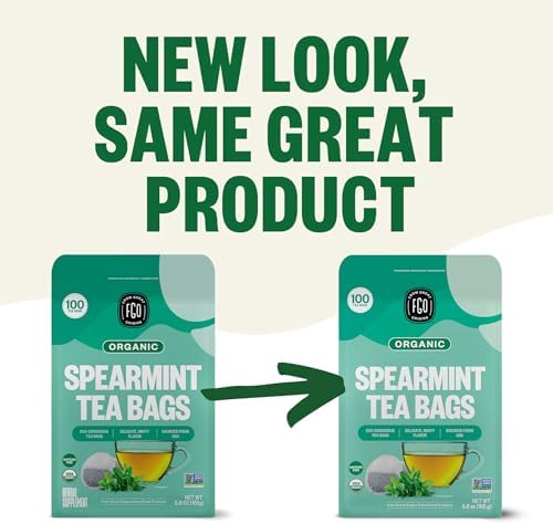 FGO Organic Spearmint Leaf Tea, 100 Count, Eco-Conscious Tea Bags, Caffeine Free, Resealable Bag, Packaging May Vary (Pack of 1)