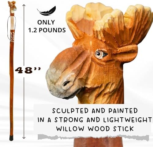 Carved Walking Stick with Animal Head - Lightweight and Strong Wooden Treckking Pole & Cane for Men Women & Seniors - A Hiking Gear Sculpted in Wood