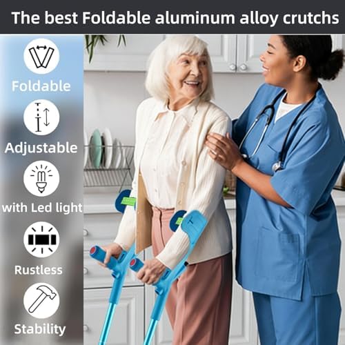 Forearm Crutches for Adults Foldable Knee Patients Mobility aids for Childre and Seniors for with Leg Injury Adjustable Travel Lightweight Walking Stick (Blue Pro)