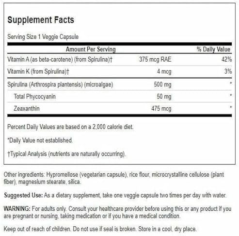 Swanson Std Spirulina Blue-Green Algae 10% Phycocyanin 500 Milligrams 90 Veg Capsules