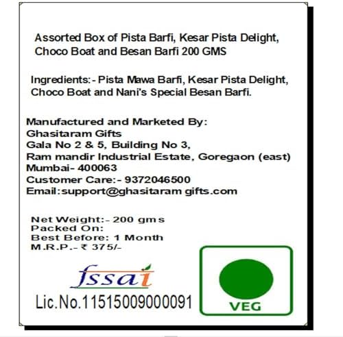 Ghasitaram Gifts Diwali Gifts Sweets- Assorted Box of Pista Barfi, Kesar Pista Delight, Choco Boat and Besan Barfi 200 GMS