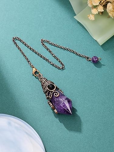 PESOENTH Amethyst Crystal Pendulum Dowsing Divination Scrying Pendulum with Bronze Wrap Healing Stone Gemstone Quartz Point Pendant Spiritual Crystal Gifts for Women Men