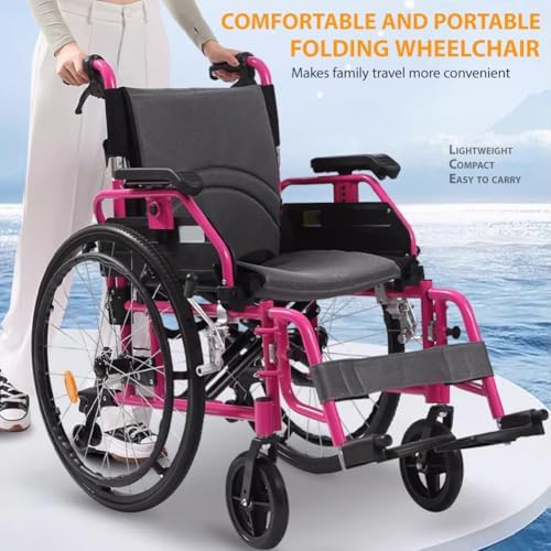 Aluminum Alloy Transport Wheelchair, Ultra-Light Foldable Wheelchair, Portable Self-Propelled Wheelchair, Aluminum Sports Manual Drive Wheelchair, Can Carry 100KG Walker,Pink