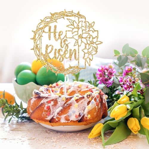 Gold Glitter He is Risen Cake Topper, Jesus Easter Cake Decor, Religious Holiday Jesus Spring Easter Festival Party Decorations Supplies