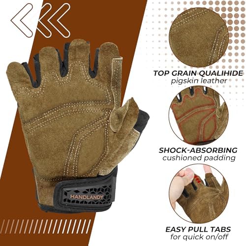 HANDLANDY Fingerless Work Gloves for Mens & Women, Uwrist Half Finger Shock-Absorbing Breathable Glove