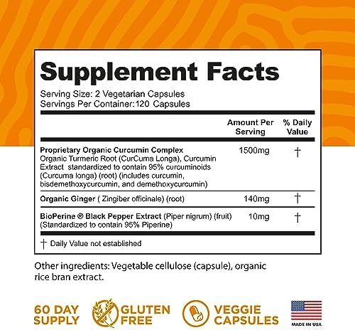 Turmeric Curcumin with BioPerine Black Pepper and Ginger - Made in USA - 120 Vegetarian Capsules for Advanced Absorption, Joints Support