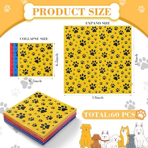 Glenmal 60 Pcs Paw Print Napkins, Red Yellow Blue Disposable Paper Party Napkins, 2 Ply Adorable Dog or Cat Tissue Paper for Doggy Animal Themed Party Pets Kid's Birthday Baby Shower