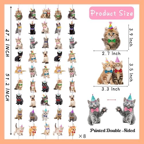 Cat Theme Garlands Kitten Birthday Party Decorations 8PCS Pet Cat Hanging Paper Garland Banners Kitten Ceiling Decor for Kitties Birthday Party Baby Shower Favor Supplies