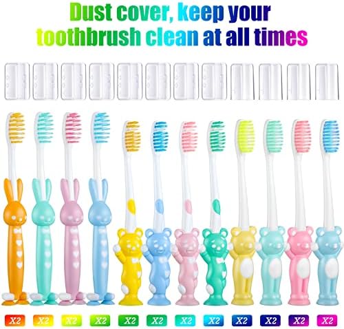 Patelai 24 Pcs Toddler Toothbrush for Age 2 up, Kids Toothbrush Set with Covers, Soft Children Manual Brushes Bulk with Suction Cup for Upright Storage, Rabbits and Bears Brushes for Travel