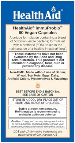 HealthAid ImmuProbio 50 Billion CFU Probiotic – Once Daily Digestive & Immune Support – with Prebiotic (FOS) & DDS-1 Strain – Acid & Bile Resistant – Vegan – 60 Capsules*