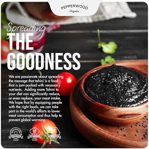 Organic Whole Black Sesame Tahini Paste - 17.6 oz (500g) Ounce Glass Jar – Peanut free - Stone Ground Unhulled Sesame Butter – Kosher by Pepperwood Organics