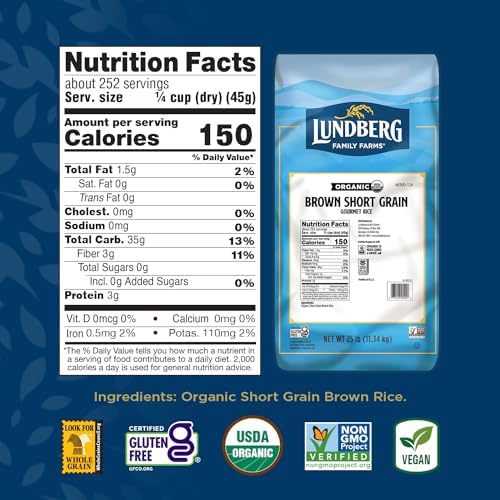 Lundberg Organic Brown Rice, Short Grain - Whole Grain Rice that Clings Together When Cooked, Subtle Nutty Flavor, Healthy Food, Vegan, Pantry Staples, Organic Rice Grown in California, 25 Lbs