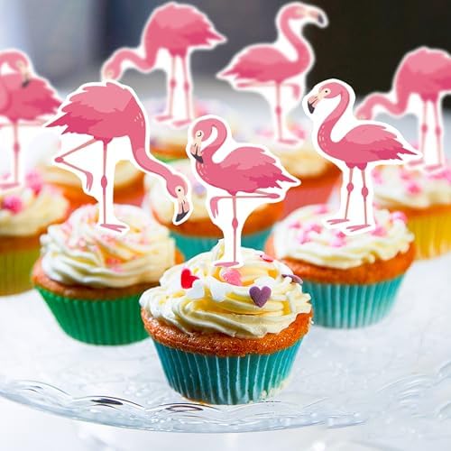 60 PCS Edible Flamingo Cupcake Toppers Wafer Paper Flamingo Cupcake Toppers Picks for Summer Party Birthday Party Baby Shower Party Decorations