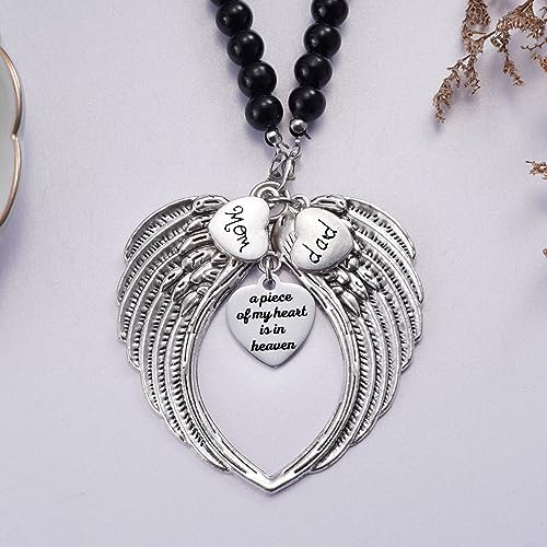 Silver Angel Wings A Piece of My Heart is in Heaven Rear View Mirror Car Charm, Mom Dad Angel Ornament, Sympathy Condolence Gift