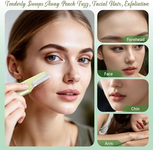Sonic Dermaplane Razor for Women Face Beauty Face Epilator, Exfoliation & Peach Fuzz Facial Hair Removal for Women, Electric Face Razors Shaver Trimmer Anti-Aging 3 Speeds & 10 Refill Blades, Green