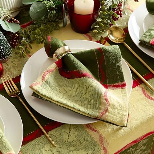 Lintex Golden Mistletoe and Ribbon Christmas Cotton Jacquard Fabric Napkins, Evergreen Mistletoe Red Ribbon Berry Woven Holiday Xmas Easy Care Cotton Weave Napkin Set, Set of 4 Napkins