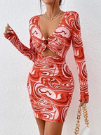 Women's Graphic Cut Out Mini Dress V Neck Metal Ring Bodycon Long Sleeve Dress